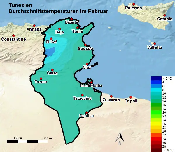 Tunesien Wetter und Klima im Februar - Temperatur und Regen